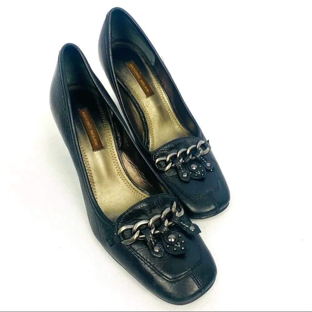 ANTONIO MELANI Black Leather Square Toe Heeled Loafers with Chain Detail